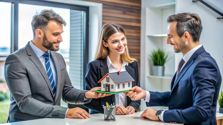 Real estate or property lawyers discussing a house model during a meeting, symbolising property transfer or settlement.