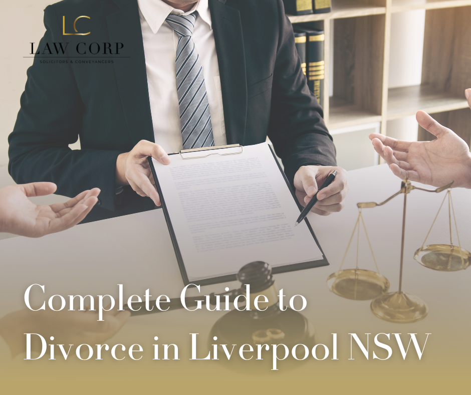 Lawyer discussing divorce paperwork with a client in an office, featuring legal scales and documents