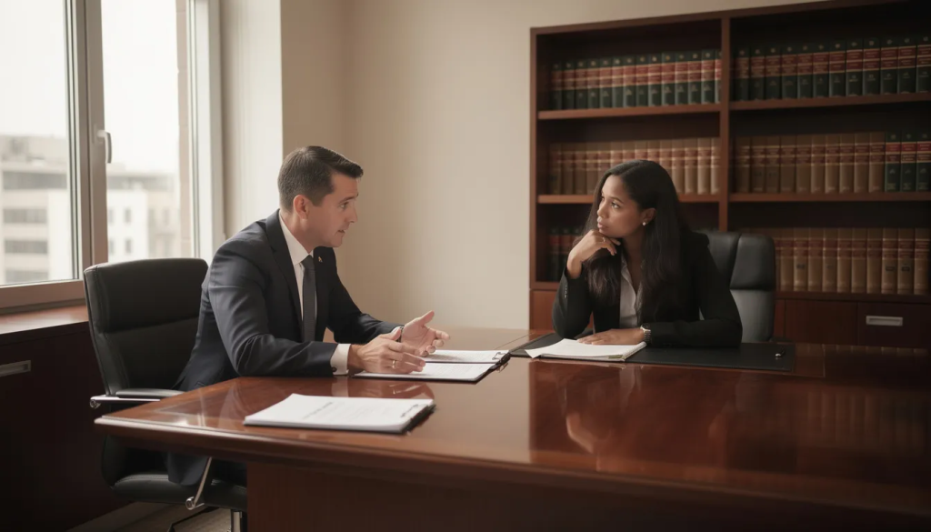 Lawyer meeting with a client in an office, discussing legal documents and providing professional legal advice