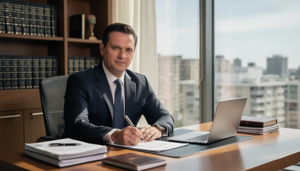 The image depicts an experienced property lawyer in a Liverpool office, providing expert legal advice to a client regarding a property law issue. The lawyer, known for their proven track record, is engaged in a discussion about the legal representation process and options available to ensure the best outcome for the client.