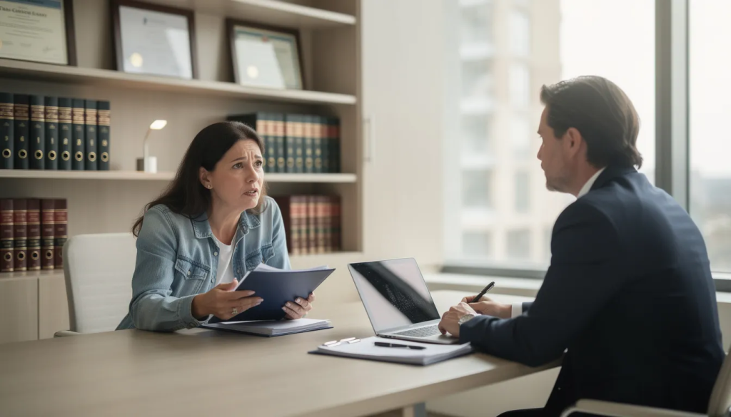A mother is seated across from an experienced lawyer in a Liverpool office, discussing her legal situation regarding a criminal case. The lawyer is providing legal advice, ensuring she understands the entire process and the potential outcomes for her case.